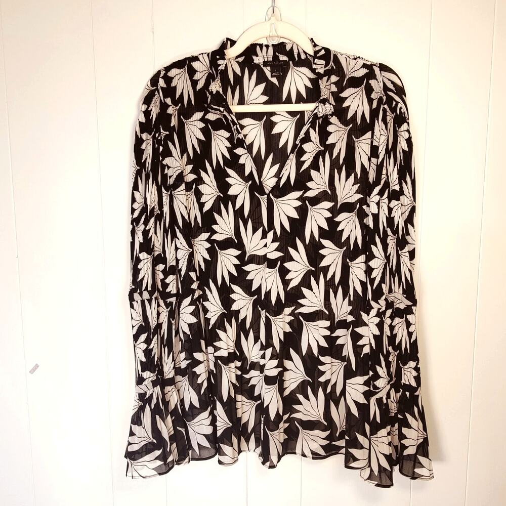 Ann Taylor Sheer Pleated Ruffle Blouse Romantic Poet Sleeve Workwear Top L